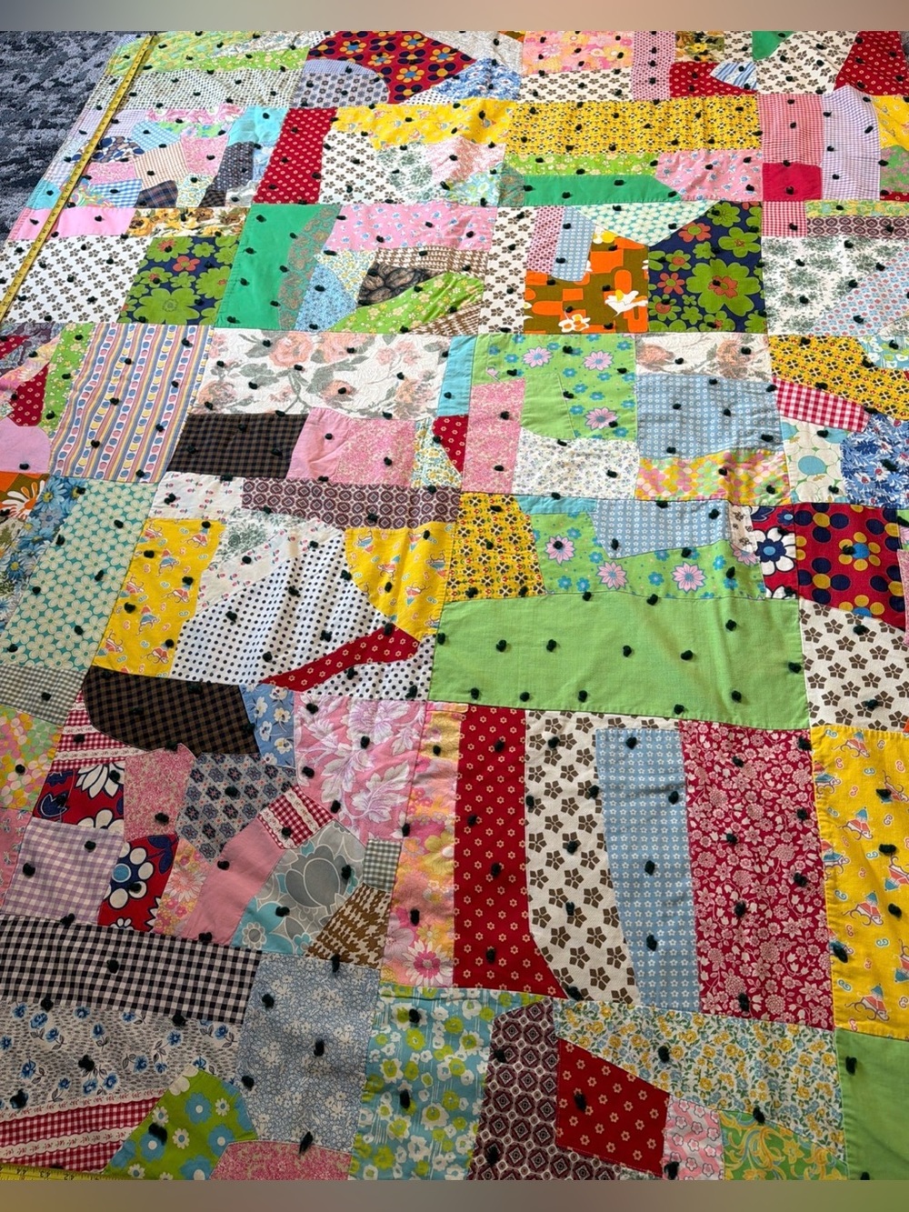VTG Hand-sewn Crazy Patchwork Quilt Blanket Cottagecore Cabin Grandma 88"x66"